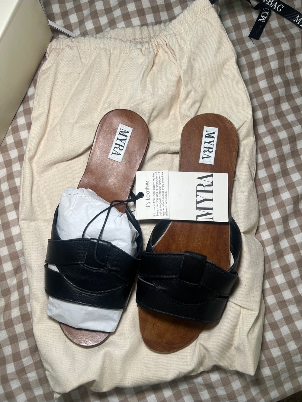 Myra Bag Black Leather Slide Sandals with Brown Footbed - Picture 2 of 5
